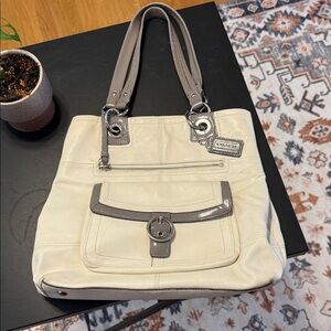 Coach Cream and Gray Leather Tote with Structured Design